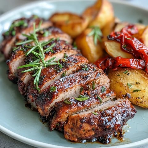 Glistening Ibérico pork fillet with roasted red peppers and golden potatoes, highlighting a Spanish-inspired main dish for special occasions.  