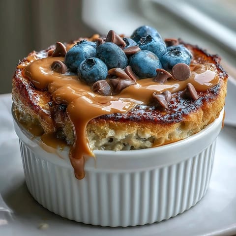 Leckeres Baked Protein Pancake Bowl mit Ahornsirup und gehackten Nüssen.