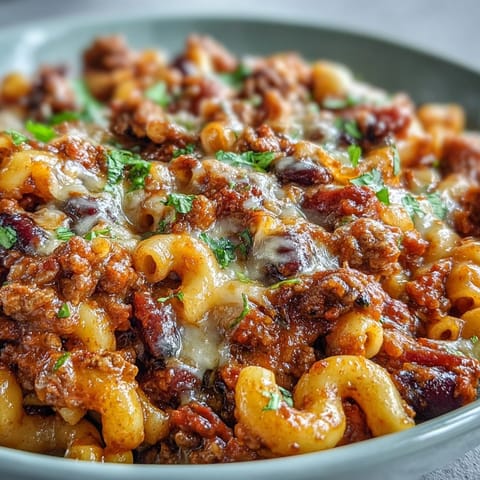 Hearty One-Pan High Protein Chili Mac simmered with smoky spices, ground beef, and gooey cheese in one skillet.