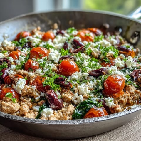 A skillet of Mediterranean Keto Ground Chicken Skillet with spinach, tomatoes, and briny olives, ready to serve.