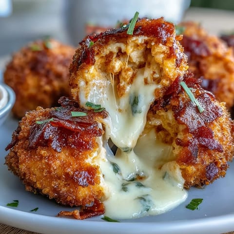 Goldene Buffalo Chicken Bacon Mozzarella Bombs mit knusprigem Panko-Mantel auf weißem Teller
