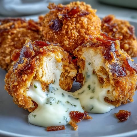 Gebackene Buffalo Chicken Bacon Mozzarella Bombs mit Ranch-Dip und frischer Petersilie im Hintergrund
