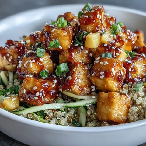 One vibrant Easy Teriyaki Quinoa Bowl features golden crispy tofu, spiralized zucchini and carrots, sweet mango, and a drizzle of savory teriyaki sauce.