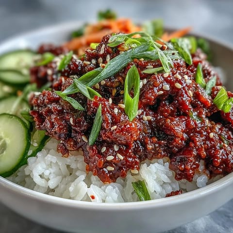 Vibrant Korean Beef Bowl with seasoned ground beef in spicy gochujang sauce, served over steamed rice and topped with crisp cucumber, radish, and tangy kimchi.  