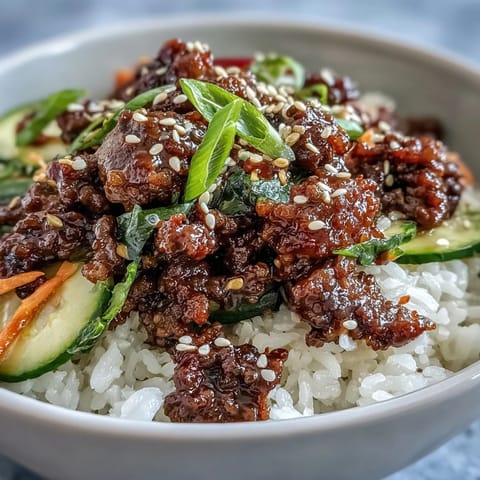 Mit Sesam überhäufte koreanische Rinderhackfleisch-Schüssel, serviert mit Reis und Kimchi.