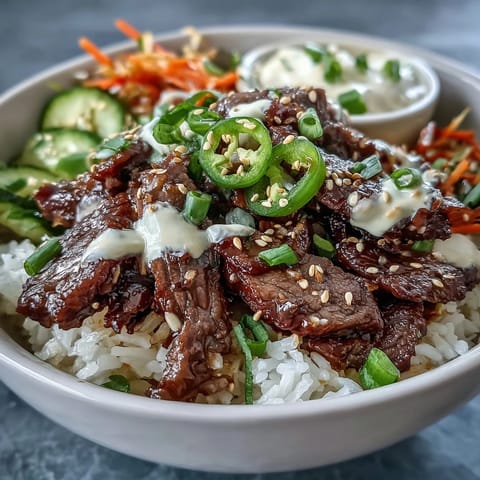Gekochte Korean Beef Power Bowl mit zartem Sesam-Rindfleisch, scharfen Jalapeños und eingelegten Karotten auf fluffigem Reis.