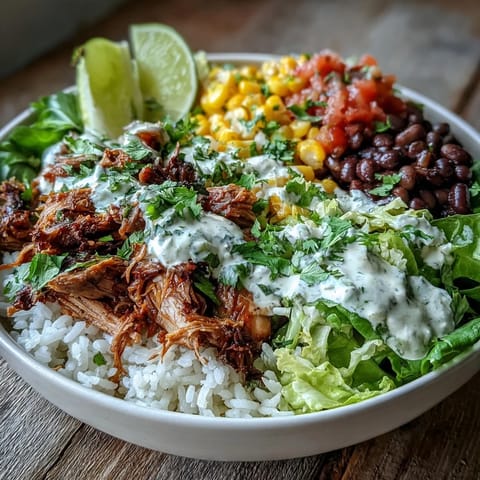 Zartes, saftiges Carnitas-Burrito-Bowl mit frischem Salsa und Limettencreme.
