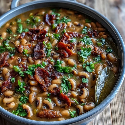 Hearty Big Pot of Texas Black-Eyed Peas ladled into a bowl, garnished with cilantro and green onions.