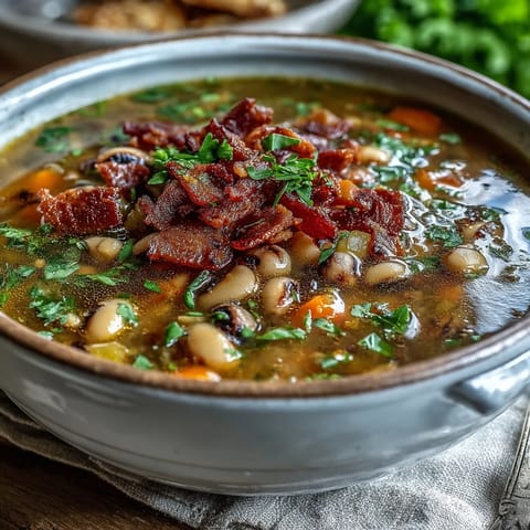 Schwarzaugen Erbsen und Bacon Suppe mit würziger Rauchnote, in einer reichhaltigen Brühe mit Karotten und Sellerie simmernd.