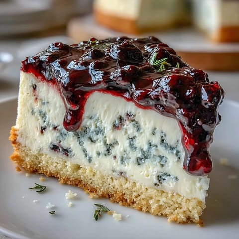 Ein frisch aufgeschlagener Lemon Blueberry Shortbread Mousse Cake mit blauem Kompott und Zitronenzesten.