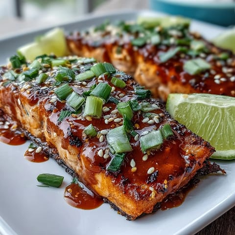 Saftige, geröstete Bang Bang Salmon auf Reis, übergossen mit glänzender scharf-süßer Sauce und Limetten.