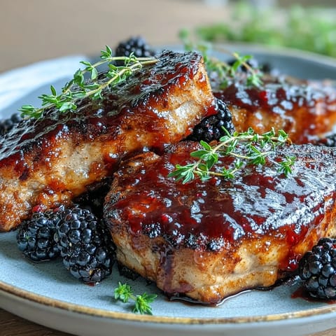 Saftige Bourbon Blackberry Pork Chops auf Teller mit dunkler Sauce und frischen Beeren serviert.