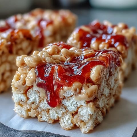 Glazed High-Protein PB&J Rice Krispie Bars stacked on a white plate, ready for a healthy snack.