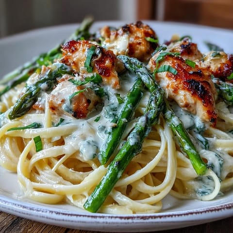 Creamy Asiago Chicken & Asparagus Pasta gerichtet auf Teller mit frisch geriebenem Asiago und Zitronenzesten