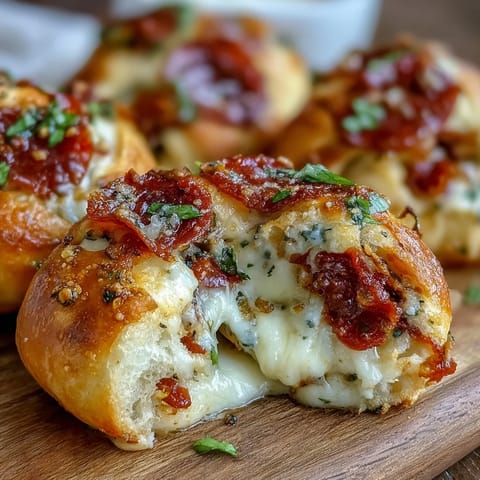 Frisch gebackene Pizza Roll Stuffed Garlic Knots mit goldenem Teig und Knoblauchbutter.