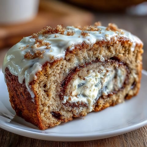 Zwei Scheiben Cream Cheese Cinnamon Swirl Protein Loaf auf einem Holzbrett, mit sichtbarem Bananen-Kuchen und Käse-Girren.