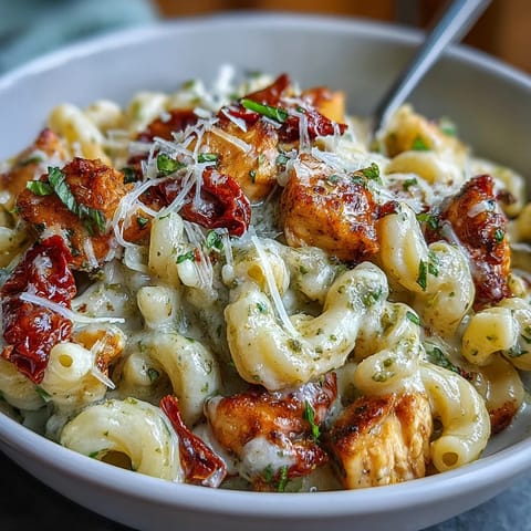 Ein dampfender Teller Pesto Chicken Chili Mac mit Sonnenblumentomaten und Käseflocken, serviert mit Gabel.