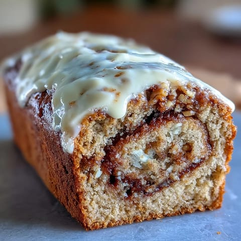 Geschmorte Bananen im Teig, cremiger Zimt-Käse-Swirl und Protein-Pulver sichtbar im fertigen Cream Cheese Cinnamon Swirl Protein Loaf.