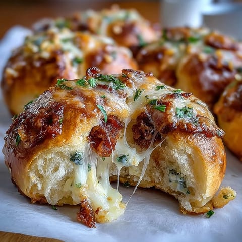 Golderne, knusprige Pizza Roll Stuffed Garlic Knots mit geschmolzenem Käse und Pepperoni, auf Pergament gelegt.