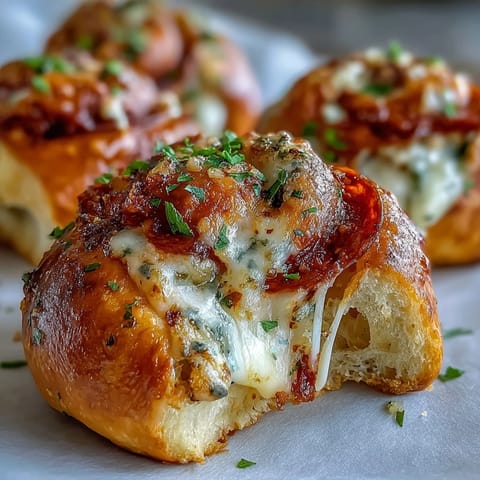 Frisch gebackene Pizza Roll Stuffed Garlic Knots, großzügig mit knoblauchhaltiger Butter bestrichen und mit Petersilie bestreut.