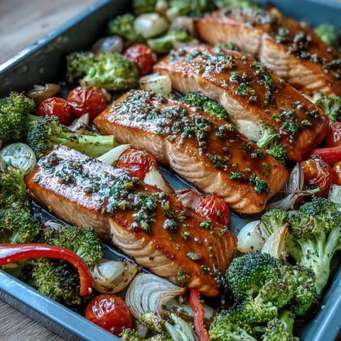 Geröstetes Gemüse und saftiger Lachs nach diesem leckeren Sheet Pan Dijon Salmon Rezept.