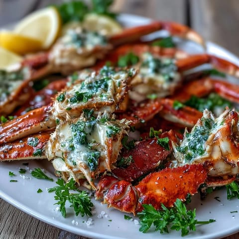 Keto Garlic Butter Crab Legs served with fresh lemon wedges and parsley garnish
