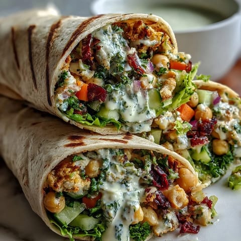 Four Vegan Lemon Tahini Chickpea Wraps sliced in half, revealing creamy chickpea filling and crisp greens inside whole wheat wraps.