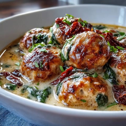 Hearty turkey meatballs swim in a creamy garlic Parmesan broth with wilted spinach, served alongside rustic crusty bread for dipping.