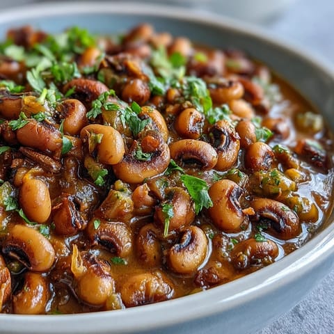 Hier sind drei einzigartige, SEO-optimierte ALT-Texte für das Bild des Black-Eyed Pea Curry: