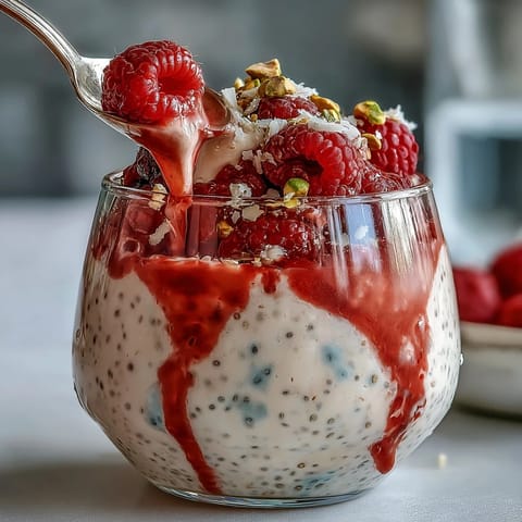 Vegane Himbeer-Kokos-Chia-Parfait mit cremiger Kokosmilch und frischen Beeren