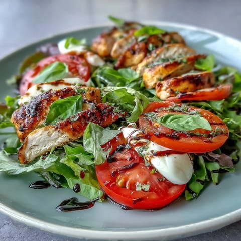 Ein farbenfroher Grilled Chicken Caprese Salat mit saftigem gegrilltem Hähnchen, reifen Tomaten, cremigem Mozzarella und süß-saurem Balsamico-Glasur.