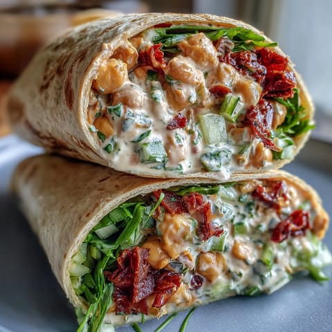 2. Cremige Kichererbsensalat-Wraps mit sonnengetrockneten Tomaten, Sellerie und Petersilie – ein proteinreiches veganes Hauptgericht.