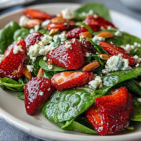 1. Frischer Erdbeer-Spinatsalat mit Feta und gerösteten Mandeln, ein farbenfroher Frühlingsklassiker.