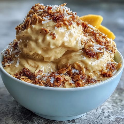 1. Vegane Mango-Kokos-Eiscreme-Bowls mit knusprigem, geröstetem Haferflocken-Topping, eine cremige und erfrischende Sommerleckerei.  