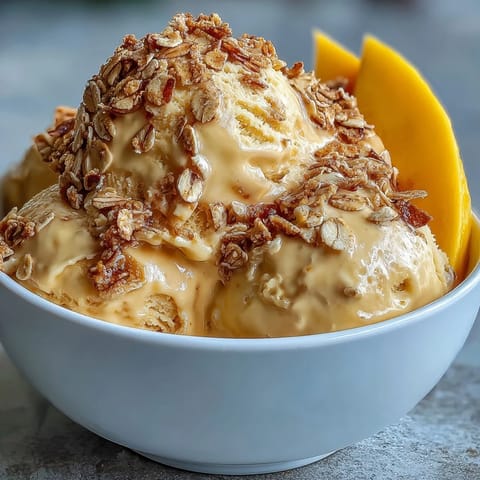 2. Cremige, milchfreie Mango-Kokos-Eiscreme mit goldbraunen, gerösteten Haferflocken, perfekt für warme Tage.  