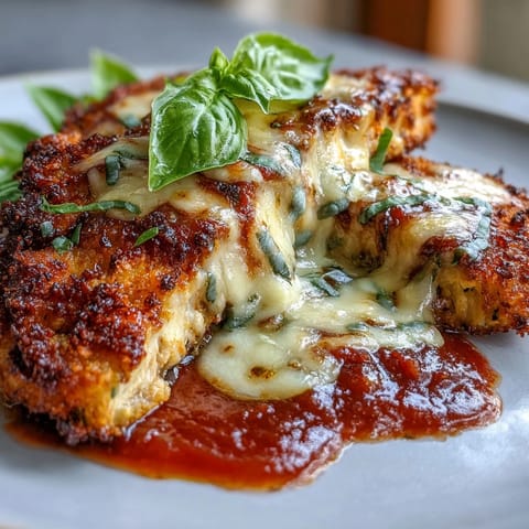 Gebackene Hähnchenbrust mit Marinara und geschmolzenem Mozzarella auf frischen Zucchininudeln, eine gesunde italienisch-amerikanische Mahlzeit.