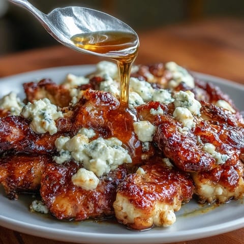 Goldbraun angebratenes Hähnchen mit Feta-Käse und süß-scharfem Honigtopping für ein proteinreiches Gericht.  