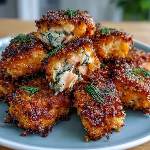 Knusprige Lachsbissen mit gewürzter Panko-Kruste, serviert mit Zitronenspalten.  