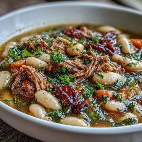 2. Gemütliche weiße Bohnen- und Schinkenknochensuppe, dick und cremig, garniert mit frischer Petersilie für eine wärmende Mahlzeit.