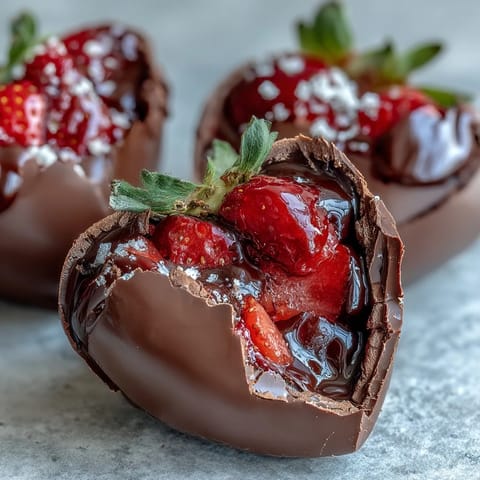 1. Valentinstag-Schokoladenherz mit Erdbeeren im Inneren: Romantisches Dessert mit hohlem Schokoladenherzen, gefüllt mit frischen Erdbeeren und dekoriert mit weißer Schokolade.