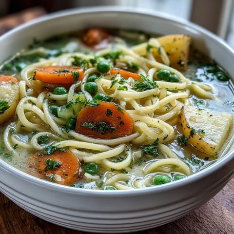Dampfende Schüssel Gemüsenudelsuppe mit frischem Spinat, Karotten und goldgelben Kartoffeln.  