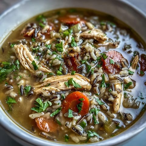 Köstliche Hühnersuppe mit Wildreis und Karotten, perfekt für kalte Tage – mit zartem Hühnchen und knackigen Karotten.  