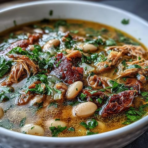 Herzhafte Suppe mit zartem Räucherputen, cremigen weißen Bohnen und aromatischen Kräutern, perfekt für kalte Tage.  