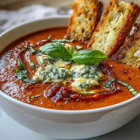 Eine cremige Tomatensuppe mit frischem Basilikum, serviert mit knusprigen Sauerteig-Brotsticks für gemütlichen Genuss.