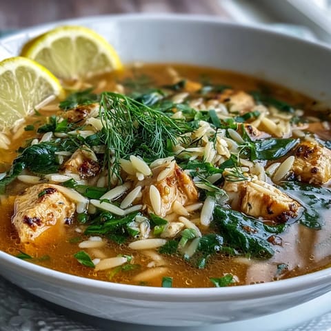 Köstliche Zitronen-Hähnchen-Orzo-Suppe mit frischem Spinat, perfekt für eine gesunde Mahlzeit.  