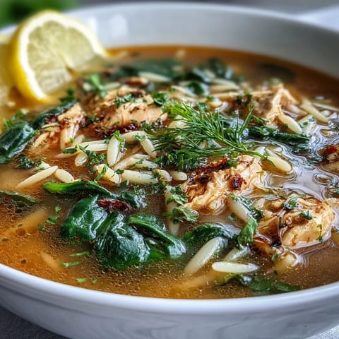 Wärmende Zitronen-Hähnchen-Orzo-Suppe mit zartem Hähnchen, Orzo und nährstoffreichem Spinat.  