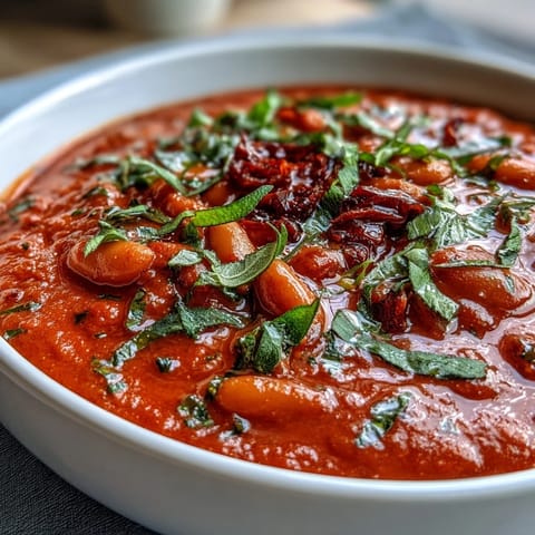 Eine dampfende Schale cremige Suppe mit gerösteten roten Paprika und weißen Bohnen, garniert mit frischer Petersilie und Olivenöl.