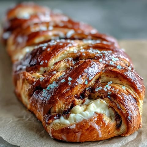Ein goldener, geflochtener Kuchen mit sahniger Zitronencreme-Füllung und bunten Zuckerstreuseln für Mardi Gras.