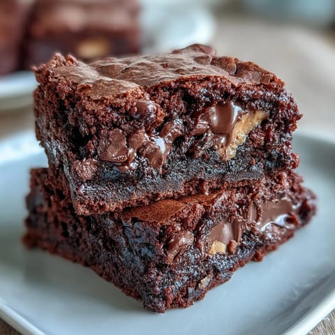 2. Fudgy Brownies mit geschmolzenen Erdnussbutter-Täfelchen, perfekt für Schokoladenliebhaber und Naschkatzen.  