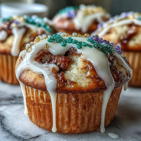 Bunte King Cake Cupcakes mit Zimtfüllung: Kleine Cupcakes mit Zimtschnecken, glasiert und mit grünem, lila und goldenem Zucker dekoriert.  